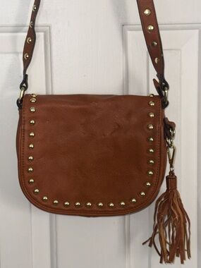 Express Brown Leather Studded Crossbody with Tassel